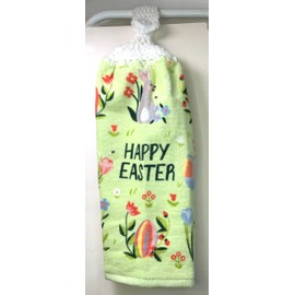 Handy Handmade Crochet Top Hanging Kitchen Towels - EASTER - HAPPY EASTER on Lime Green