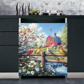 Farm Spring Scenery Magnet Dishwasher Full Door Cover, Spring Colorful Birds Magnet Refrigerator Cover Skins Panel, Farm Red Barn Home Appliance Cupboard Sticker Magnetic 23" x 26"