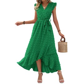 BTFBM Women V Neck Summer Dress 2025 Cap Sleeve Swiss Dot Boho Flowy Ruffle Slit Beach Party Long Maxi Cocktail Dresses(Green, Small)