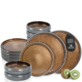 Solid 12-Piece Stoneware Dinnerware Set for 4 | Plate and Bowls Set with 4 Dinner Plates, Small Dessert Plates & Soup Bowls – Kitchen Dish Sets, Microwave & Dishwasher Safe, Brown