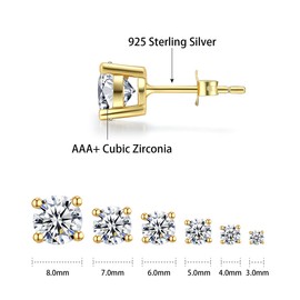 18K Gold Plated Sterling Silver Cubic Zirconia Stud Earrings 3mm-8mm Options, Simulated Diamond CZ Studs Hypoallergenic Jewellery (5mm)