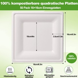 EOGRFW Sugar Cane Plates, Pack of 50 Environmentally Friendly Bagasse Tableware, Disposable, 16 x 16 cm Paper Plates, Square, White Bagasse Disposable Plates for Parties, Camping, Picnics, Barbecues,