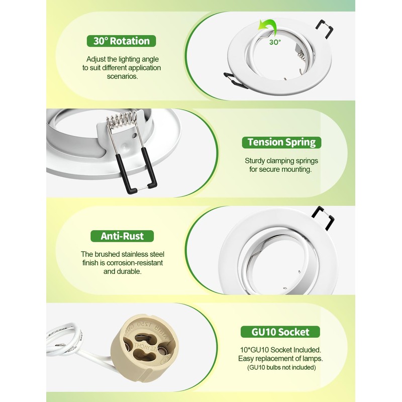 10x Modern Recessed Spotlight Frame, GU10 Recessed Lights, Includes GU10