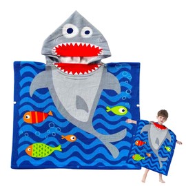 Kids Hooded Poncho Towels Blue Shark Beach Towel with Hooded for Boys,60*90cm Bath Towel Poncho Beach Changing Robe for 5-7 th Old Boys,Cotton Terry Ringspun Poncho Towel for Kids Swim Pool Holiday
