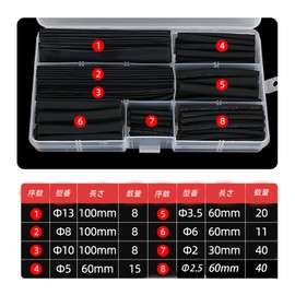 Heat Shrink Tubing, 8 Sizes, φ0.08 - 0.5 inches (2 - 13 mm), Shrink Insulation, High Flame Retardant, Durable, Anti-Electric Shock, Wire Terminal Treatment, Storage Case Included (150 Pieces, Black)