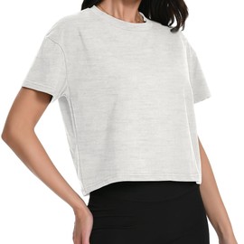 Womens Basic Summer T-Shirts Crew Neck Short Sleeve Crop Tops for Teens Active Tees Trendy Golf Gym Oversized Tshirts for Women Cotton Hip Hop Travel Yoga Casual Knit Workout Tops Light Grey M
