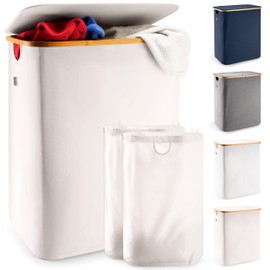 LONBET Laundry Basket with Lid, Made from Breathable Fabric | Aesthetic Clothes Hampers for Laundry with Side Handles & Sturdy Bamboo Frame (40 Gallons - Double, Beige)