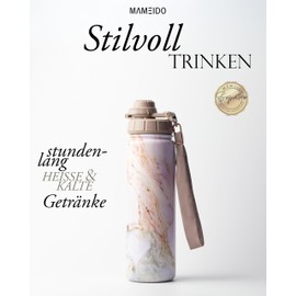 MAMEIDO Thermos Flask with Straw, 700 ml, Leak-Proof Drinking Bottle, Stainless Steel Insulated, Water Bottle with Carry Strap, BPA-Free Insulated Flask (Pearl Marble, 0.7 L)