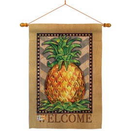 Ornament Collection HS191214-BO-03 Welcome Elegant Pineapple Food Fruits Impressions Decorative Vertical 28" x 40" Double Sided House Flag Set Wood Dowel with String Hardware