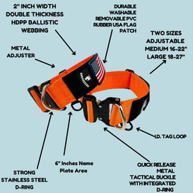 Tactical Dog Collar 2 Inch Wide Thick Heavy Duty Military Style with Metal Buckle, Adjustable for Medium - Large Breeds, Durable K9 Training Gear with Patch Area, USA Flag Patch, Strong and Secure Fit