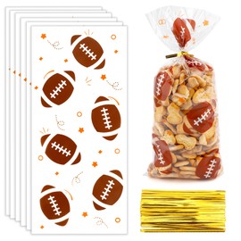 Football Treat Bags, 100 PCS Football Cellophane Treat Bags, Plastic Candy Bags Cookie Bags Goodie Bags Gift Bags with 100 PCS Twist Ties for Football Superbowl Sports Party Favor Supplies, 5x10 Inch