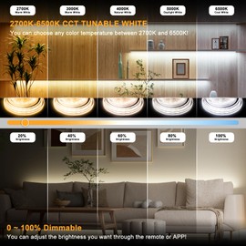 PAUTIX COB LED Strip Light White CCT Tunable 24ft/7.5m,UL-Listed 4800LEDs Dimmable 2700K-6500K CRI90+ 24V LED Tape Light Kit with APP Control/Music Mode,for Under Cabinet Bedroom Kitchen DIY Lighting