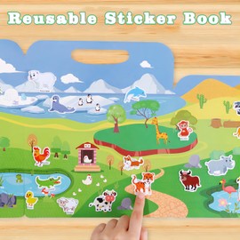 Reusable Sticker Book for Kids, Animal Stickers Dinosaur Stickers, Busy Book for Toddlers 1-3, Toddler Travel Toys, Jelly Quiet Book 6 Themes Preschool Learning Activities for Toddlers Ages 3-6