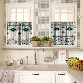 Aztec Kitchen Curtains Sets, Southwestern Native Tribal Valances for Kitchen Window,Boho Geometric Printed Short Curtains for Small Windows Cafe Living Room Bedroom, 54x24 Inch, 3 Piece