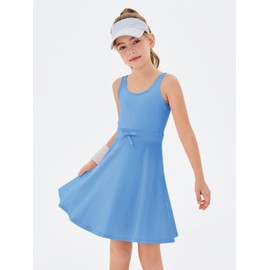 Haloumoning Girls Sleeveless Tennis Dress Kids Athletic Elastic Waist A-Line Workout Golf Dresses 4-14 Years Blue