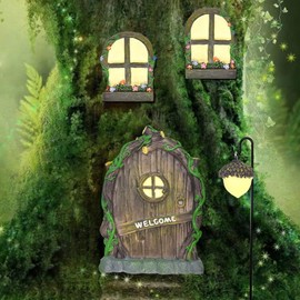 REFORUNG Pack of 7 Fairy Door Garden Resin Material Gnome Door Outdoor Glow in the Dark Fairy Garden Door Retro and Mystical Elf Door Tree with Window Lamp Tree Door for Gardens Trees Interior
