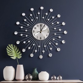 JUGV 19.7 Inch Large Wall Clock for Living Room Decor, Non-Ticking Quiet Modern Metal Starburst Bling Silver Crystal Wall Clocks Decor for Bedrooms Kitchen Decorative