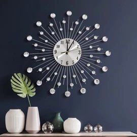 JUGV 19.7 Inch Large Wall Clock for Living Room Decor, Non-Ticking Quiet Modern Metal Starburst Bling Silver Crystal Wall Clocks Decor for Bedrooms Kitchen Decorative