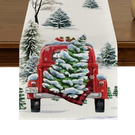 Truck Christmas Tree Snow Table Runner 13x72 Inch Watercolor Seasonal Winter Xmas Kitchen Dining Table Decor for Indoor Outdoor Farmhouse Home Party Decoration ZQ75