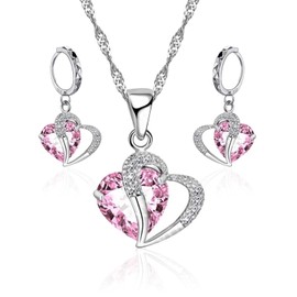 NyxSeat 3 Pieces Jewelry Set 1 Pair Earrings and 1 Necklace Women Necklace Fashion Heart Shaped Necklace Heart Shaped Pink Crystal Jewelry Suitable for Daily Party and Date, Metal