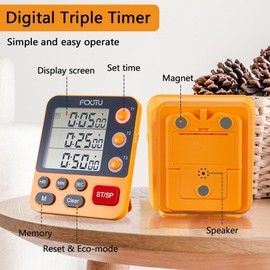 FCXJTU Digital Dual Triple Kitchen Timer, 3 Channels Count UP/Down Memory Timer, Large Display Cooking Timer, Loud Volume Alarm and Flashing Light with Magnetic Back, Stand, Battery Included (Orange)