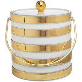Hand Made In USA Metallic Deco Collection Double Walled Insulated Ice Bucket With Ice Tongs (3-Quart, White & Gold Stripes)