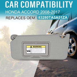 Grey Left Driver Side Sun Visor Compatible with Honda Accord 2008 2009 2010 2011 2012 2013 2014 2015 2016 2017 Replace# 83280TA5A51ZA