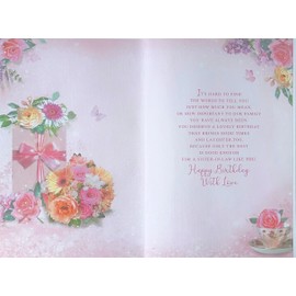 Sister-in-Law Birthday Card - Pink Orange Flowers Teacup & Gold Foil Butterflies with Verse 9x6"