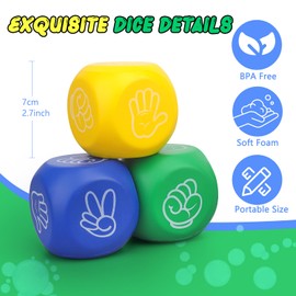 Foam Dice Squeeze Toy, Foam Fidget Toy for Finger Guessing Game, 2.7inch 6 Sided Rock Paper Scissors Game Dice for Adults Kids Stress Relief, Goodie Bag Filler Classroom Prize Learning Essential 3PCS