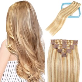 LORIEN Clip in Hair Extensions Real Human Hair, 18 Inch 100g,18/613 Dark Blonde Highlighted Bleach Blonde, Clip in 100% Brazilian Remy Human Hair Extensions 8pcs Per Set with 18 Clips Double Weft