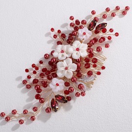 Lenjicons White Flower Leaf Pearls Hair Comb Wedding Rhinestone Hair Comb Luxuries Pearls Rhinestone Hairpiece Wedding Hair Accessories for Brides Bridesmaid (wine red)