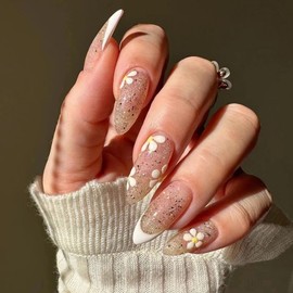 Medium Almond Press on Nails Spring Stiletto Fake Nails Glossy Glue on Nails White French Tip Acrylic Nails Bling Glitter Artificial Nails Summer Flower Stick on False Nails with Design 24 pcs