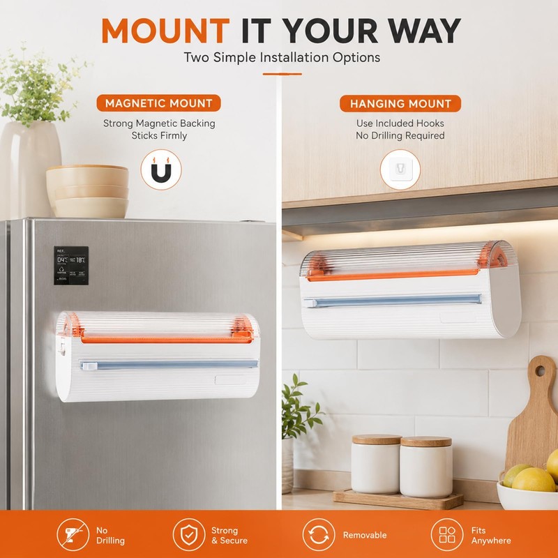Refillable Magnetic Plastic Wrap Dispenser with Cutter, 2 in 1