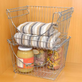 Smart Design Stacking Baskets with Handles - Set of 2 Large - Steel Metal Wire - Fruit Produce and Vegetable Safe Storage Bin Organizer - Pantry Counter Stand Rack - 12.5 x 8.5 Inch - Chrome