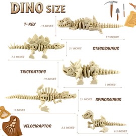 PowerTRC 5PCS 3D Printed Dinosaur Skeletons, T-Rex Triceratops Stegosaurus Velociraptor Spinosaurus Fidget Toys, 3D Printed Dragon Animals Toys, Articulated 3D Figurine Stress Relief Toy (Bone White)