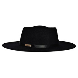 Punctualgood Women Men Wool Fedora Hat, Classic Vintage Wide Brim Flat Top Hat Warm Jazz Panama Hat with Belt, Black, One Size