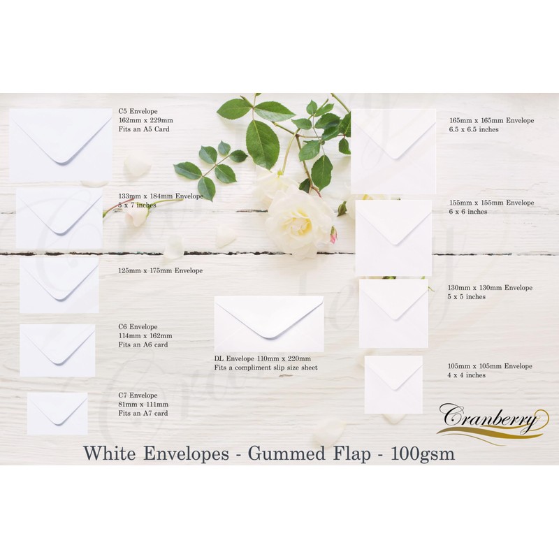 20 White Envelopes. C5, C6, C7, DL, 6.5x6.5, 6x6, 5x7,
