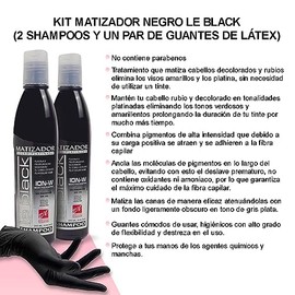Kit Shampoo Matizador Le Black sin Sales y sin Parabenos 2 Piezas, Matizador de Canas, Platina el Cabello Rubio 250ml, Incluye par de Guantes de látex