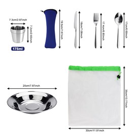 EMAGEREN 7 in 1 Camping Cutlery Set Stainless Steel Tableware Set Outdoor Travel Cutlery Picnic Set Camping Tools Dinnerware Round Plate + 3-Piece Cutlery + Cup + Cutlery Bag + Mesh Bag