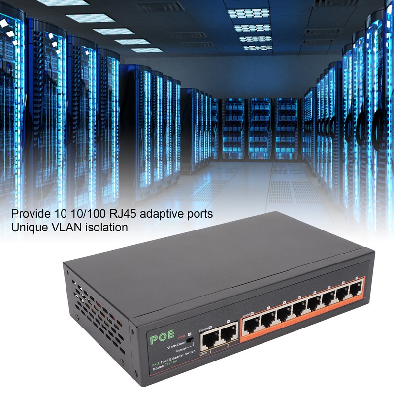 PoE Switch 8 Ports 10/100Mbps 90W RJ45 Adaptive Port LED