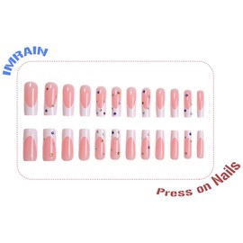 IMRAIN Press on Nails Long Square Fake Nails Glossy White French Tips False Nails with Colorful Rhinestone Designs Glue on Nails Acrylic Nail Kit Stick on Nails for Women DIY Manicure 24Pcs