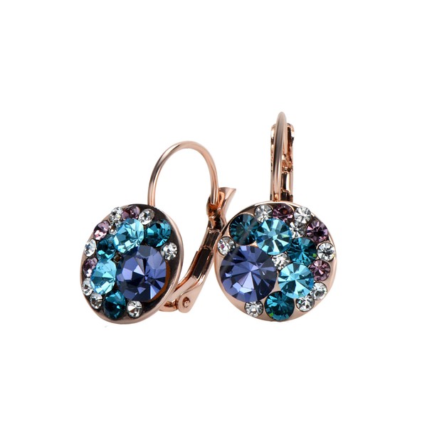 UPSERA Women's Round Multicolor Austrian Crystals Leverback Dangle Hoop Earrings Rose Gold Plated, Main Crystal Blue Purple