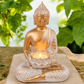 MIJOMA Gold & White Vintage Look Polyresin Buddha Figurine 14-34 cm Height Optional with Tea Light Holder - Spiritual Peace and Elegance (13.5 x 9 x 19.5 cm with Tea Light Holder)