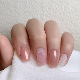 Square Press on Nails Short Fake Nails Pink Bling Glitter False Nails with Aurora Designs Full Cover Acrylic Nails Stick on Nails Nude Glossy Glue on Nails for Women Nails Manicure 24Pcs