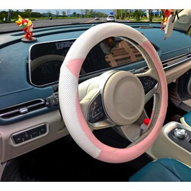 Fashion Cat Ear Leather Steering Wheel Cover Women Girl 15"(38cm) Universal Fit Auto D Shaped Leather Steering Wheel Covers (O Shape,White&Pink)