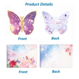 12PCS Birthday Invitations with Envelopes, Butterfly Birthday Party Invitation Cards With Fancy Envelopes and Seal Stickers,Kids Party Invitations with Envelopes and Stickers