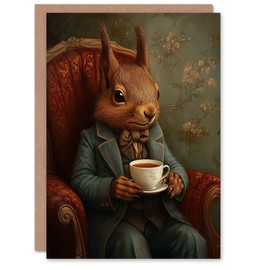 Artery8 Greeting Card Red Squirrel Tea on Armchair Victorian Portrait Blank For Him Or Her Art Birthday Card