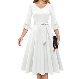 DRESSTELLS Women Formal Dress, 2025 Long Sleeve Valentines Vintage Cocktail Party 1950s Dresses, Fit Flare Wedding Guest Bridesmaid Prom White 2XL