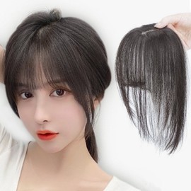 Natural-Looking Undetectable Synthetic Hair 3D Bangs Wig Clip-In Partial Hairpiece (See-Through Bangs, Side, Crown) Hairpiece Dark Brown 2ea