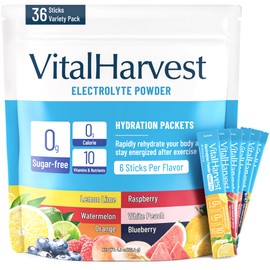 VitalHarvest 36 Sticks Electrolytes Powder Packets 6 Flavors Sugar Free Hydration Packets Electrolyte Liquid Daily IV Drink Mix with Lemon Lime, Watermelon, Orange, Raspberry, White Peach, Blueberry